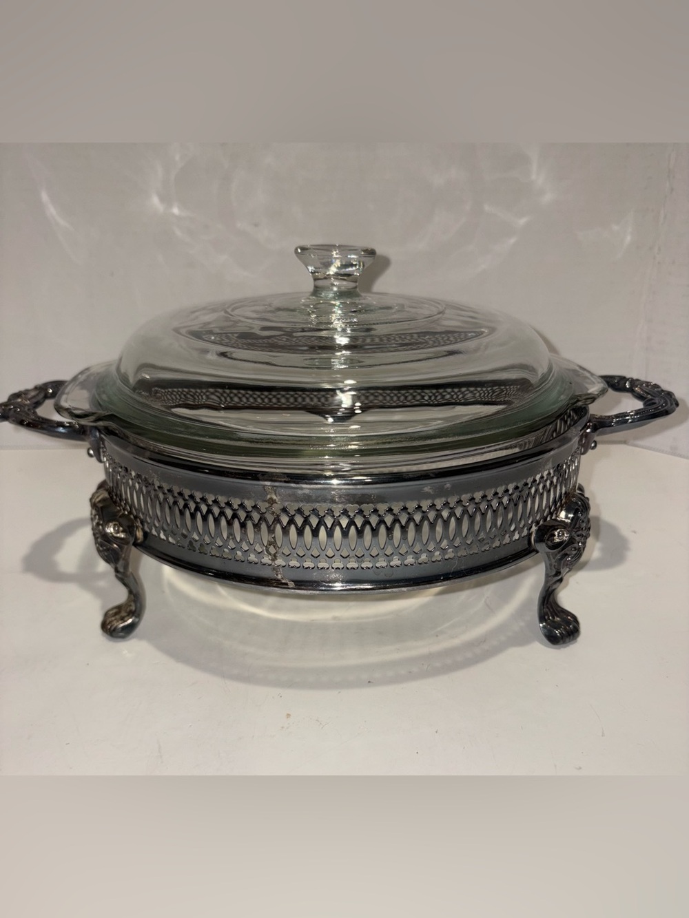Leonard Vintage Glass Covered Serving Dish with Silver Filigree Stand